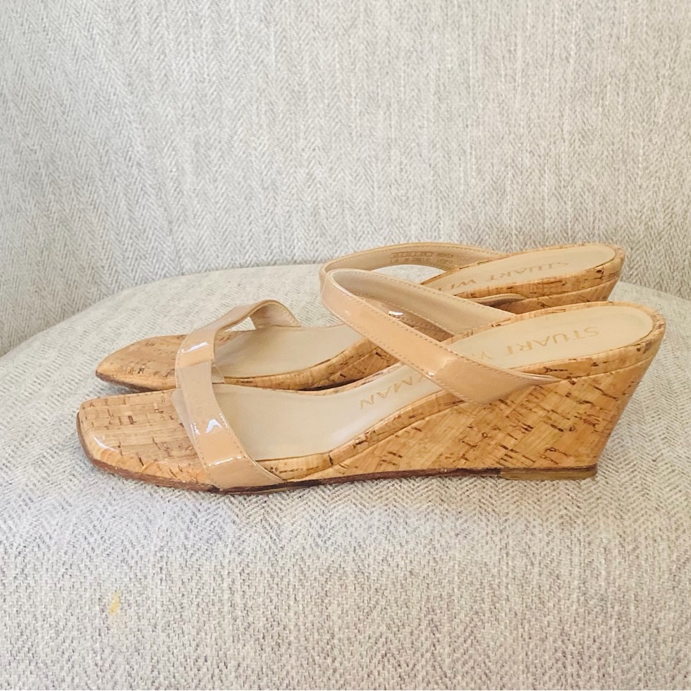Stuart Weitzman Nude Patent Leather Cork Wedge Slip on Sandals